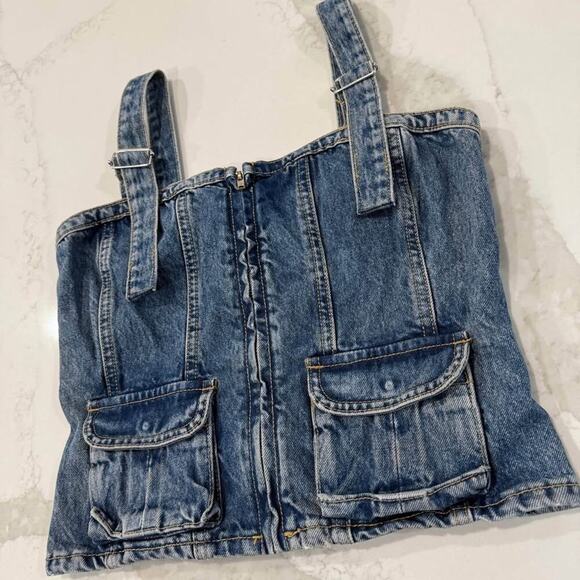 Zara y2k Denim Bustier Crop Top Womens Size Small Blue Smocked Back Front Zipper - Picture 2 of 7